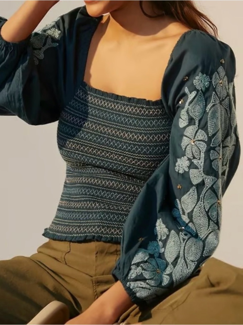 Anthropologie Teal Smocked Square-Neck Top with Embroidered Puff Sleeves